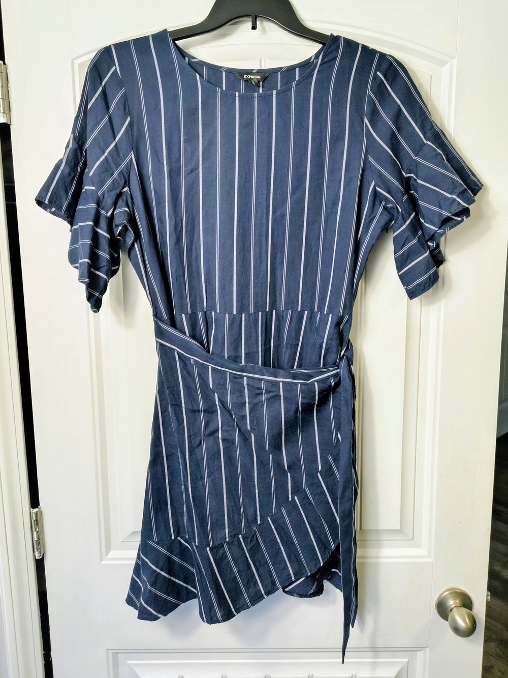 Express Navy and White Striped Wrap-Style Dress